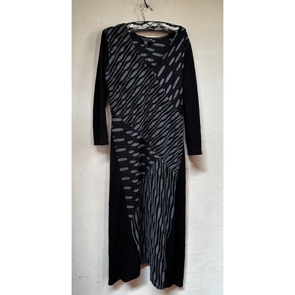 Entrata Womens Patchwork Black/Gray Textured V-Neck A-Line Midi Dress Large